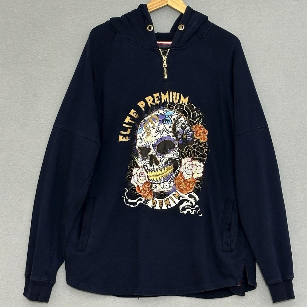 Y2K Grunge Mens Sweatshirt XL Blue Skull Day Dead Streetwear Biker Skater Grunge